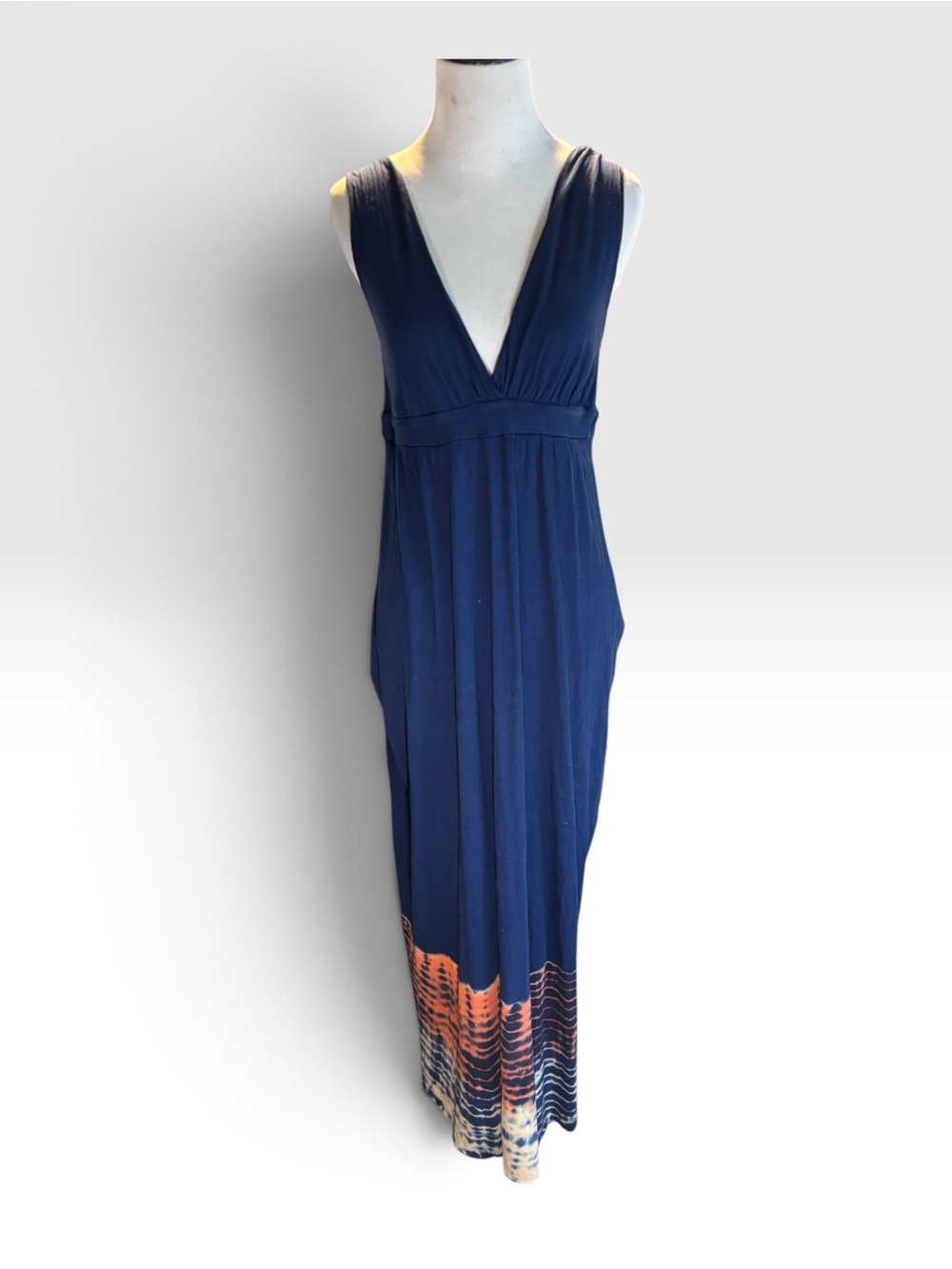 Gypsy 05 Navy Maxi Dress with Braided sleeves and tie dye Orange Wave Hem